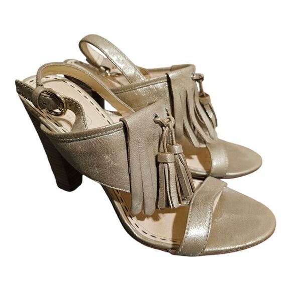 COACH "Genaveeve" Pale Gold Leather Peep Toe Block Heel Pumps - Size 8 1/2 - Picture 1 of 7
